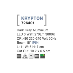 KRYPTON útiljós innfellt LED 3W 3K IP54 sv.grátt - Image 4