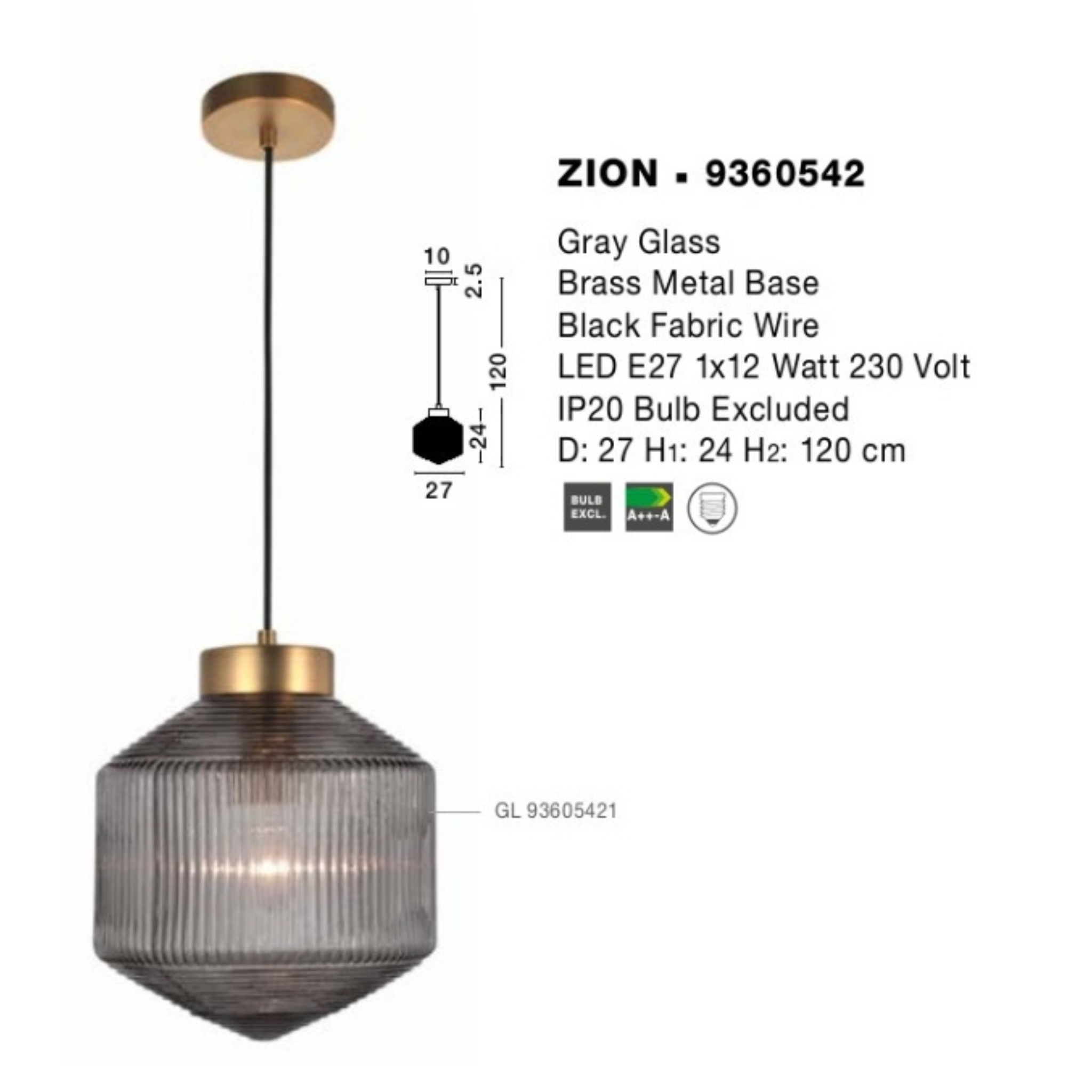 ZION hangandi Q270 E27 12W IP20 Brass/gler - Image 4