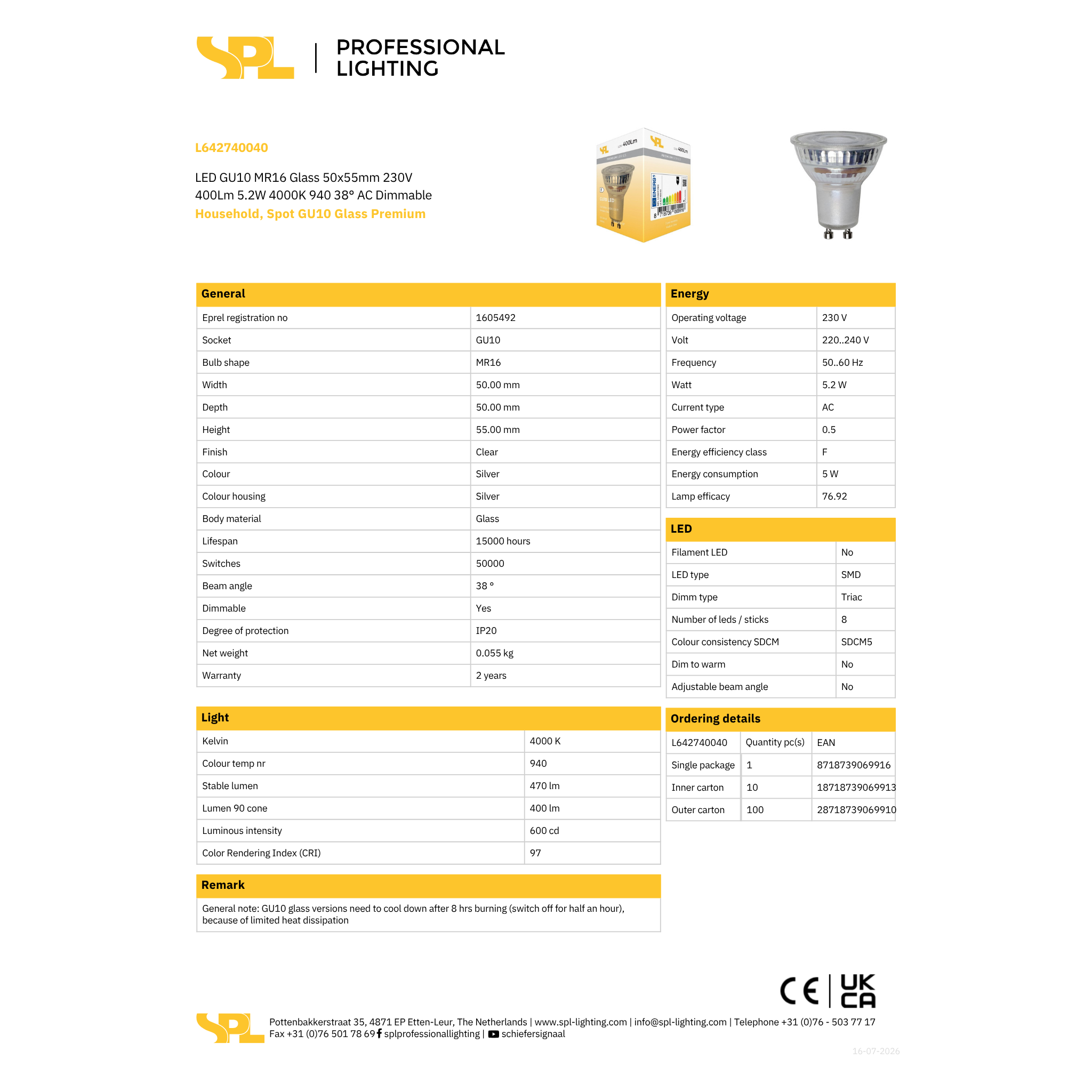 Led GU10 5.2W 400lm 940 38° dim - Image 2