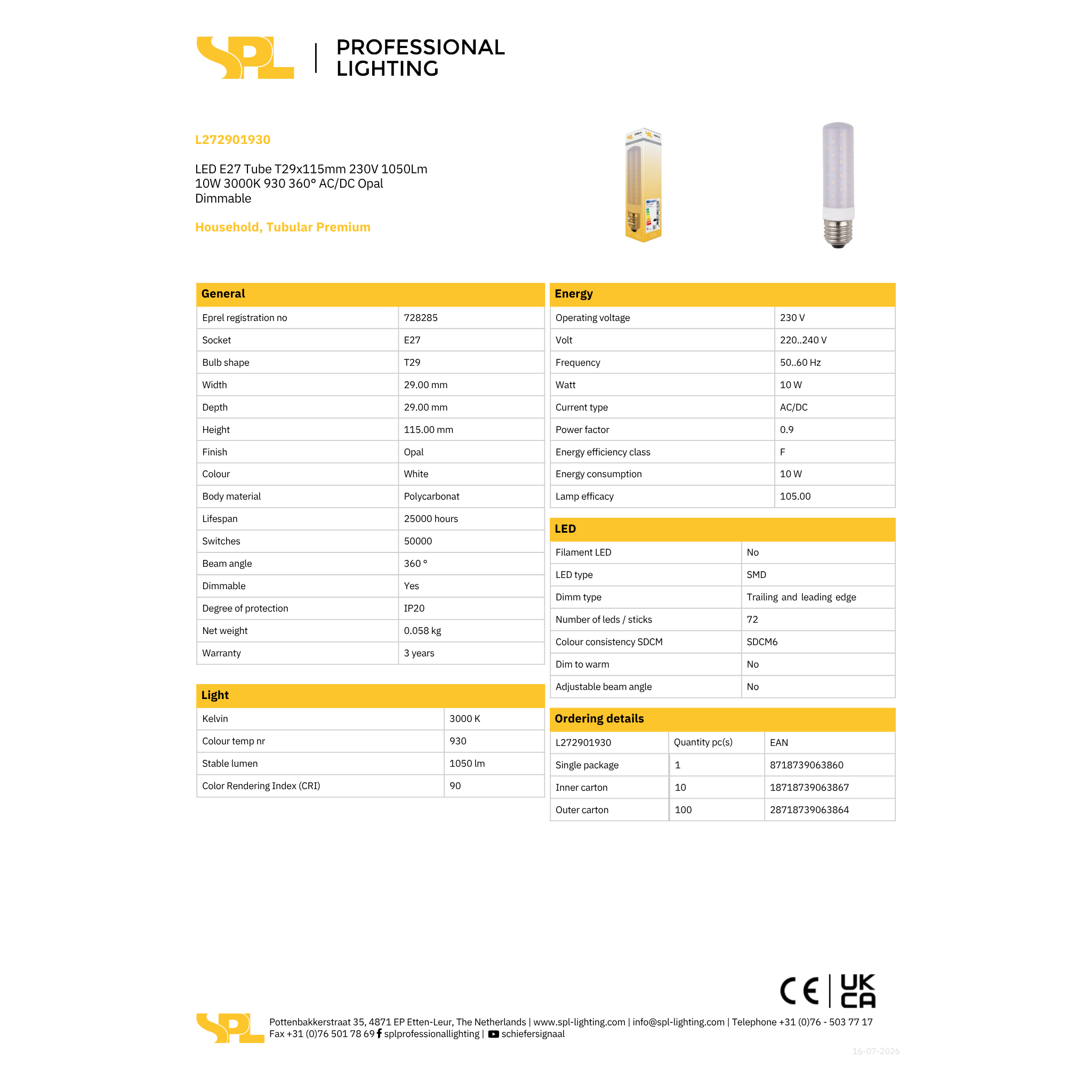 LED Tube T29x115mm 10W 3K 1050lm RA90 E27 dim - Image 2