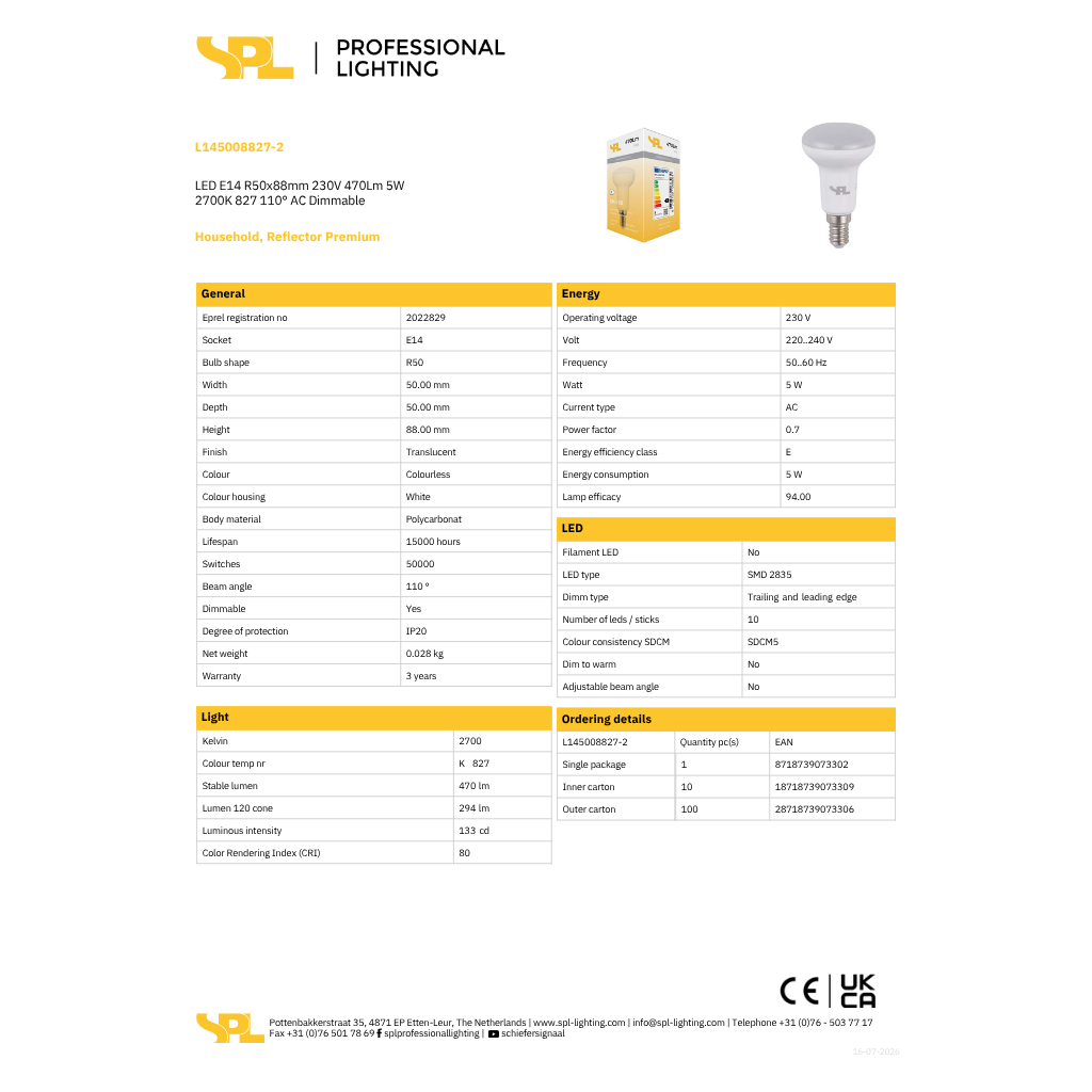 LED R50 5W 470Lm 27K E14 dimmanleg - Image 2