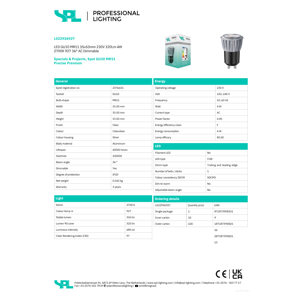 LED GU10 MR11 320Lm 4W 927 36° - Image 2